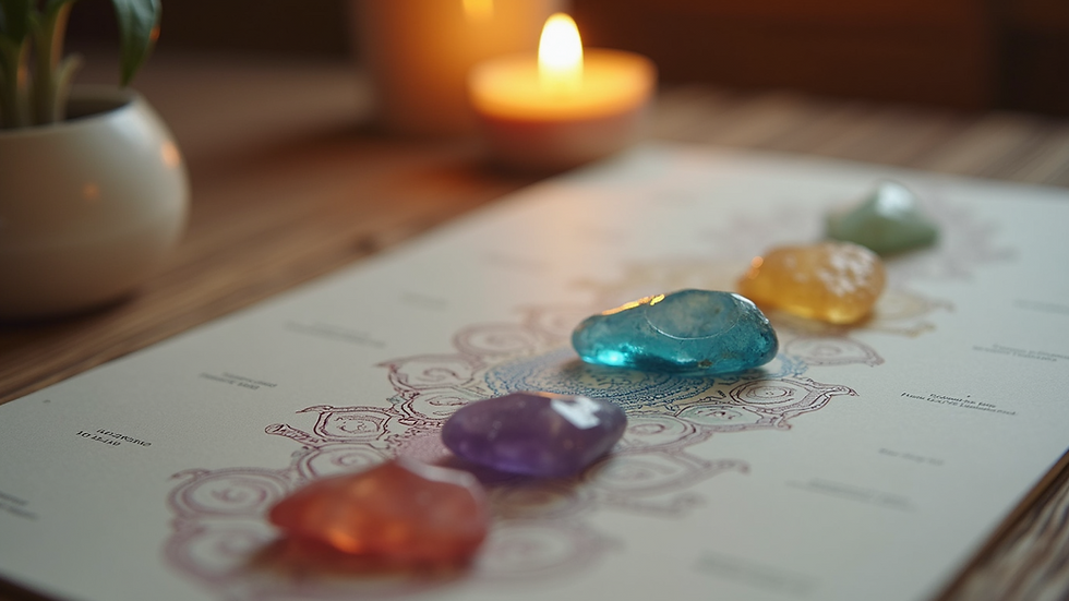 Close-up view of a crystal placed on a chakra chart during a healing session