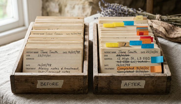 Eye-level view of two stacked trays labeled before and after with record cards inside.