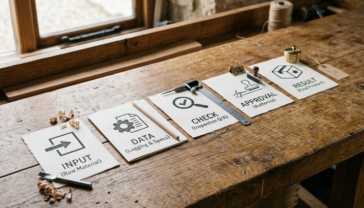 Wide-angle view of paper workflow cards arranged on a wooden workbench.