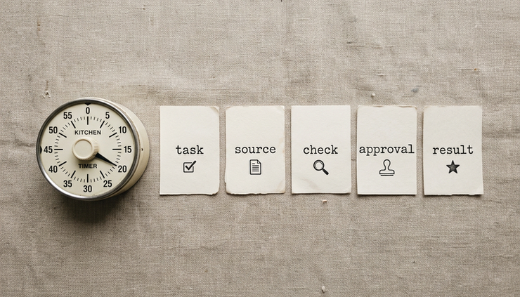 Top-down view of a small mechanical timer beside labeled process blocks on paper.
