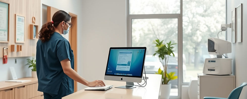 A healthcare worker types on a computer in an exam room of a clinic