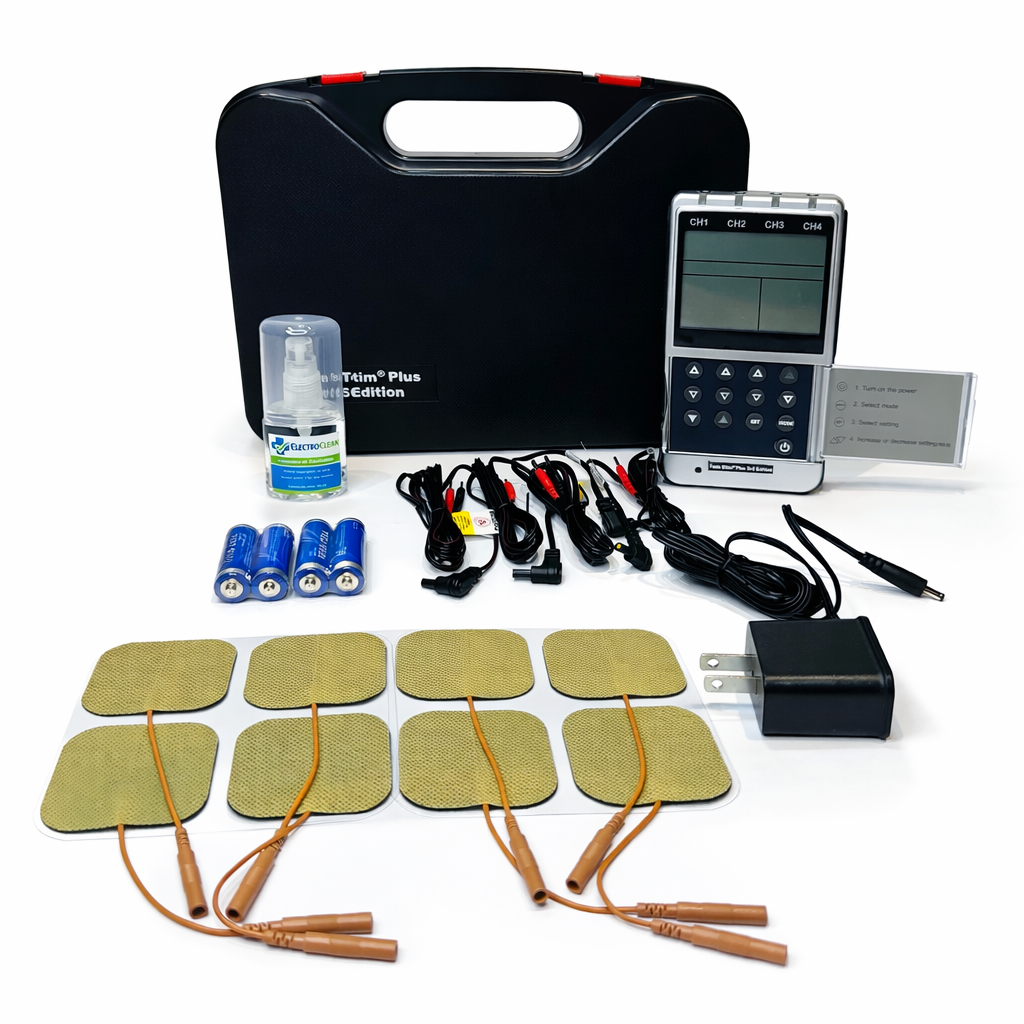 Twin Stim Plus 3ra edición electroestimulador TENS EMS IF y RUSA4 canales con electrodos cables baterías y estuche portátil