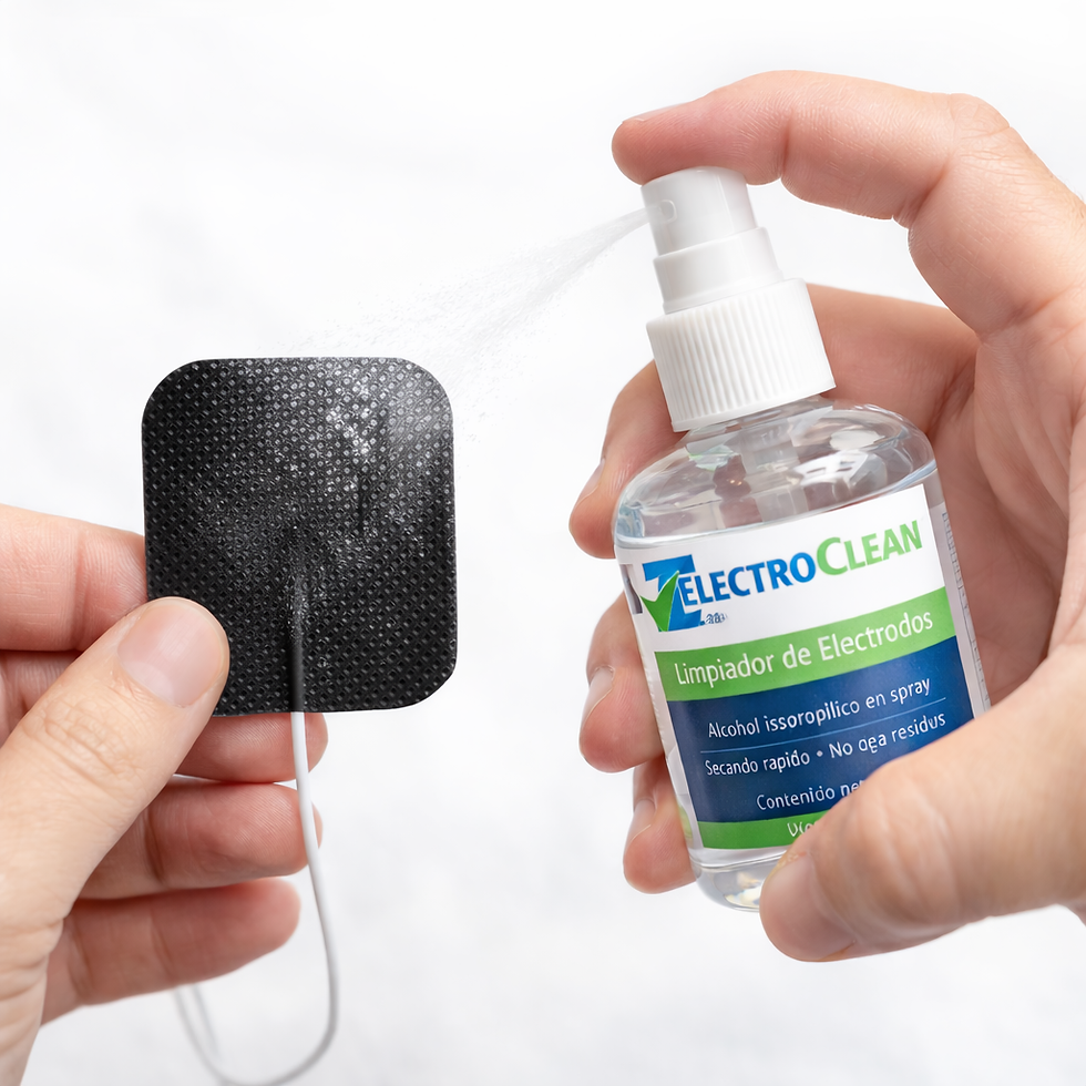 Aplicación de ElectroClean sobre electrodo de electroterapia para limpieza y desinfección segura.