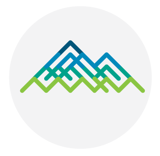 Double-peaked mountain line art logo with a top-to-bottom navy blue to light green gradient