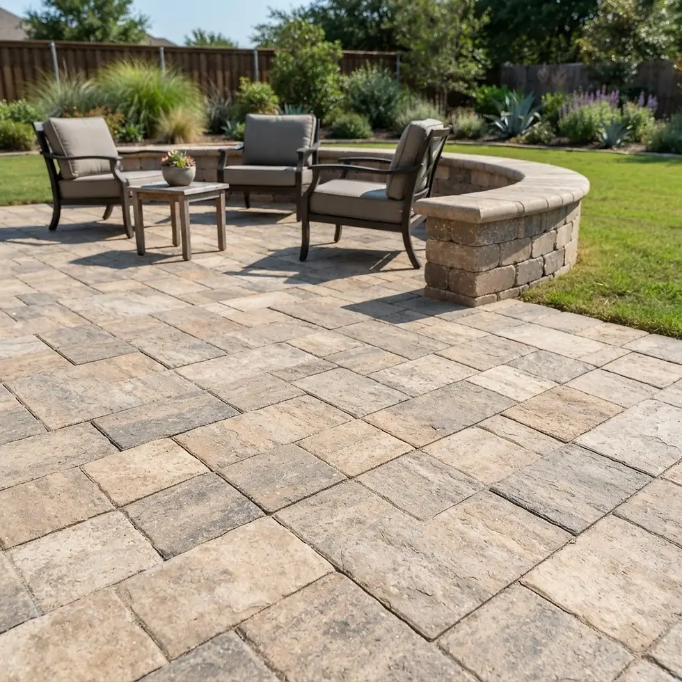 Architectural photography of a paved outdoor patio with seating and landscaping. The setting is designed for relaxation and outdoor entertaining.