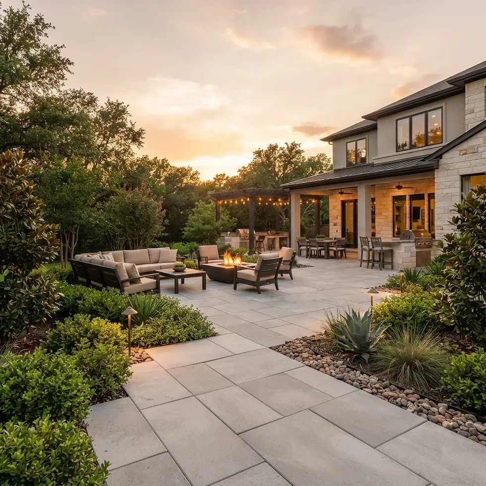 Outdoor photography of a luxurious backyard patio at sunset. The space features a central fire pit, comfortable seating, and a modern house, creating an inviting atmosphere.