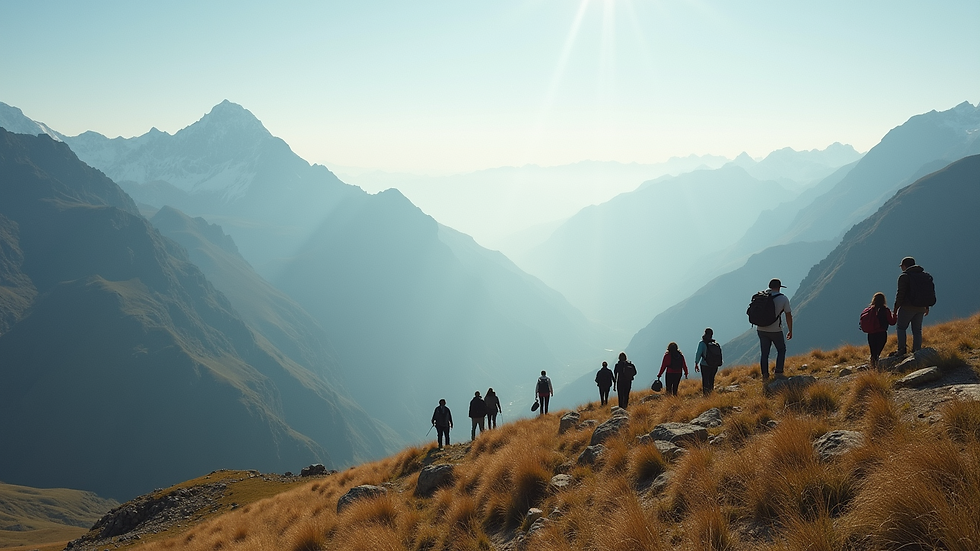 Vista panorámica de un grupo de viajeros explorando un paisaje montañoso