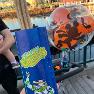 Two Buzz Lightyear themed churros in front of a lake at Disneyland California Adventure