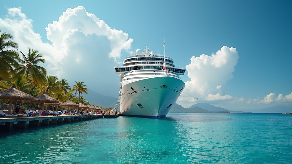 Eye-level view of a luxury cruise ship docked at a tropical port