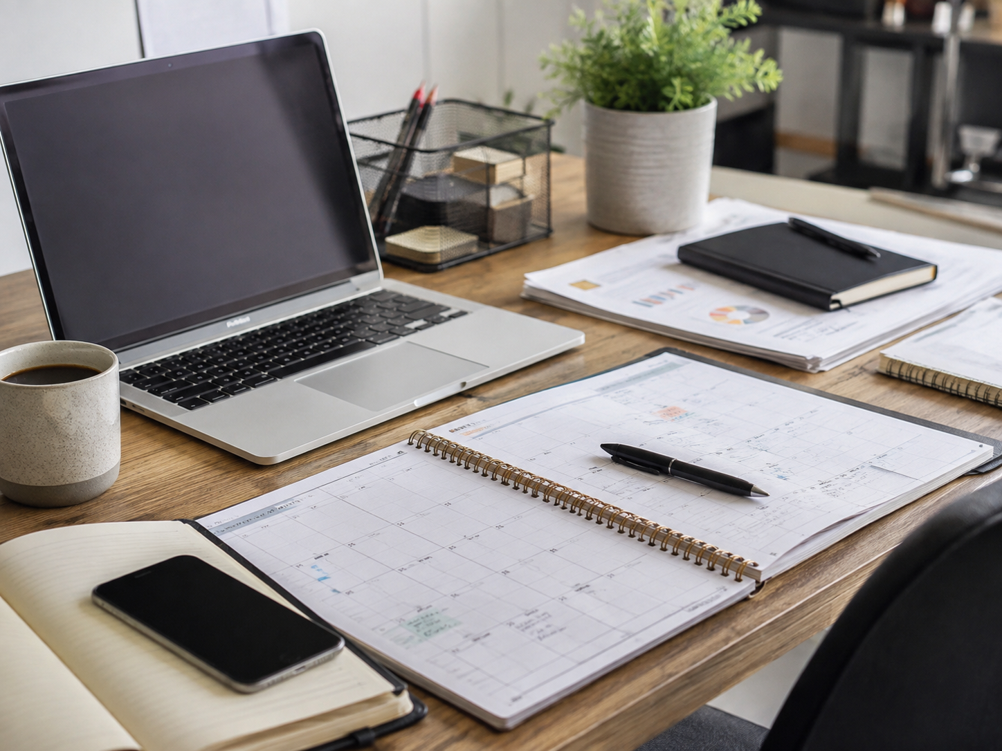 A desk with a laptop, notebook and planning calendar