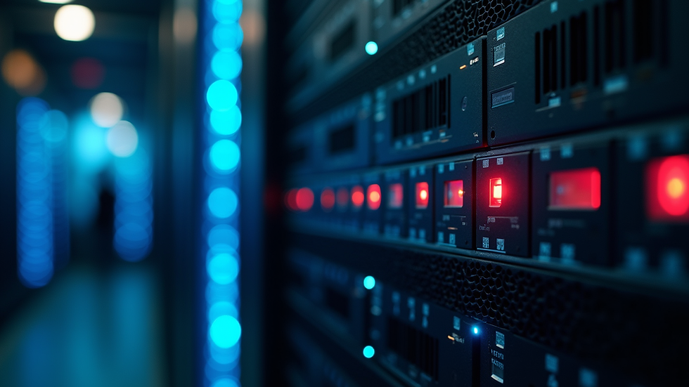 Close-up view of a server rack with blinking lights indicating active data processing