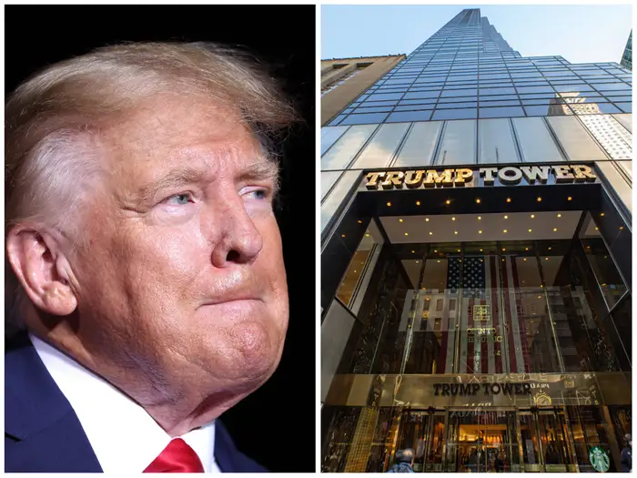 Former President Donald Trump, left, and the exterior of Trump Tower, where the Trump Organization is headquartered. Justin Sullivan/Getty Images, left. Nicolas Economou/Getty Images, right.