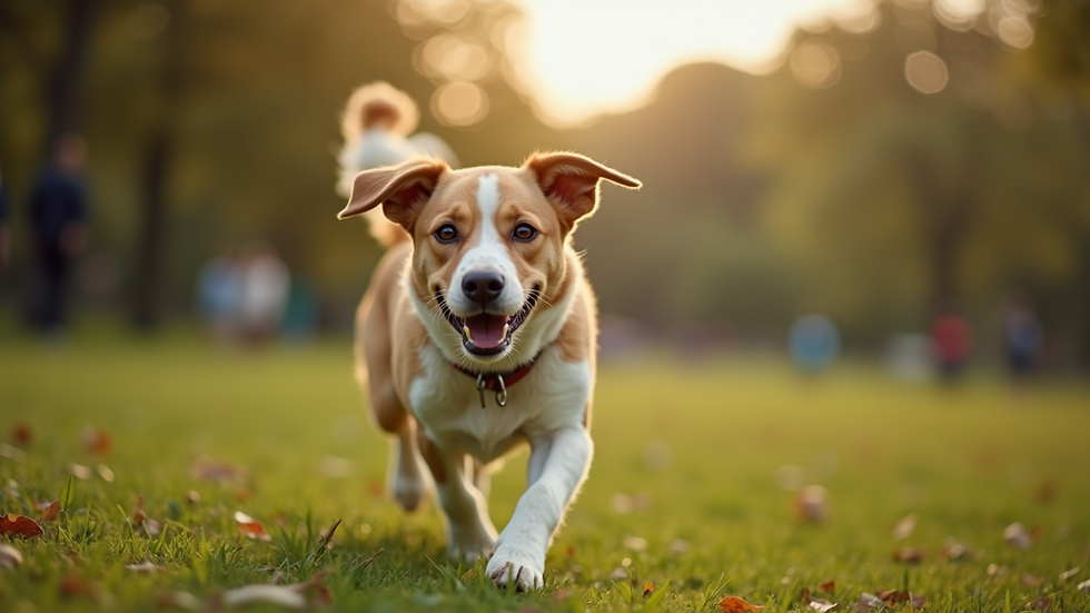 Eye-level view of a dog energetically walking in the park