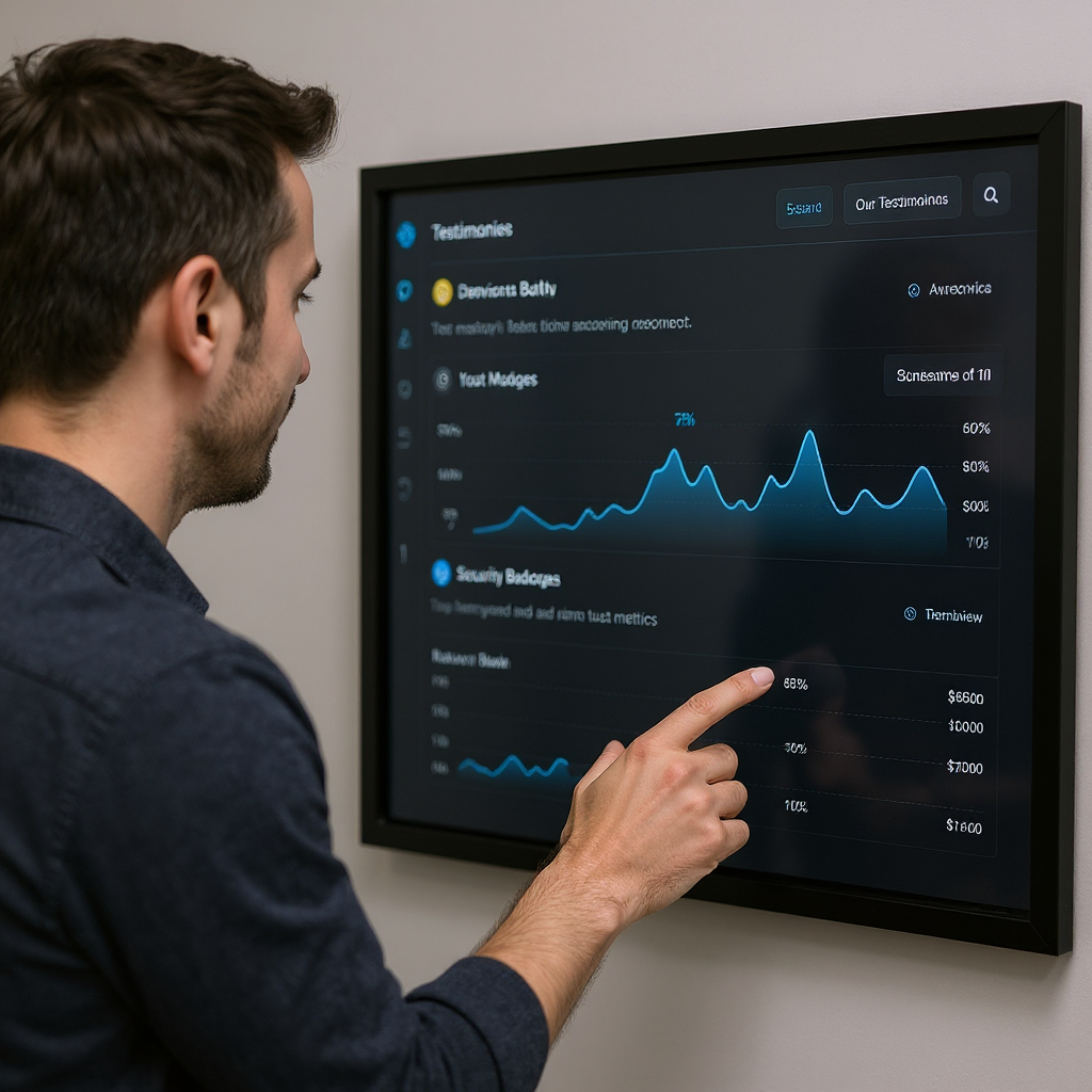Marketing professional reviewing SEO reporting dashboards on a large office screen