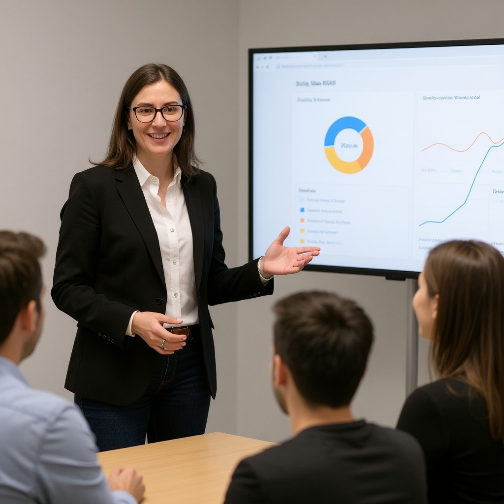 Flor-IT consultant explaining SEO KPI dashboards to a client team in a meeting room