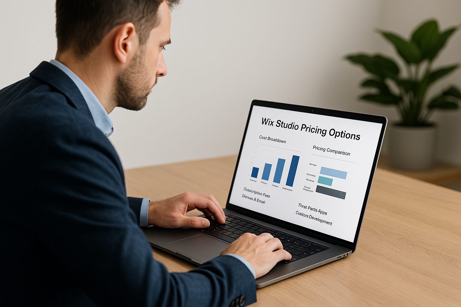 Business professional analyzing Wix Studio pricing options on a laptop