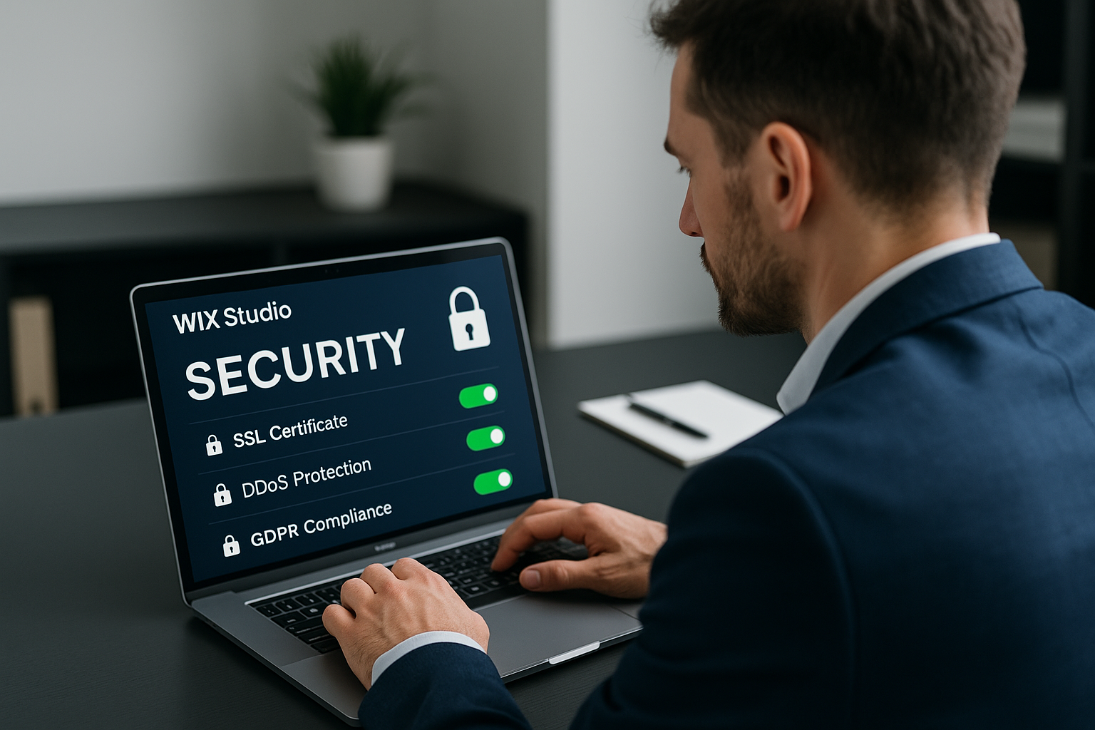 Business professional reviewing Wix Studio security settings on a laptop