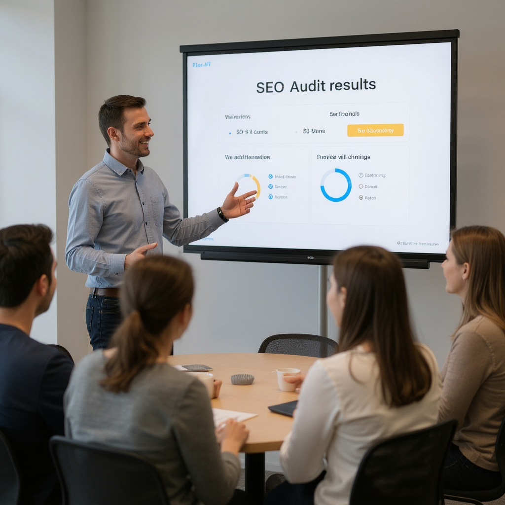 Flor-IT consultant presenting SEO audit results and action plan in a meeting