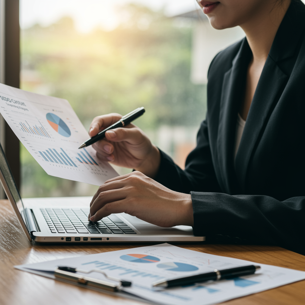 Business professional reviewing ROI charts from SEO campaigns on a laptop