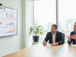 Flor-IT consultant presenting local SEO performance metrics on a big screen to a retail client”Image description: A Flor-IT consultant shows a large screen with local SEO dashboards (maps views, calls, directions) while a client team discusses results in a modern office