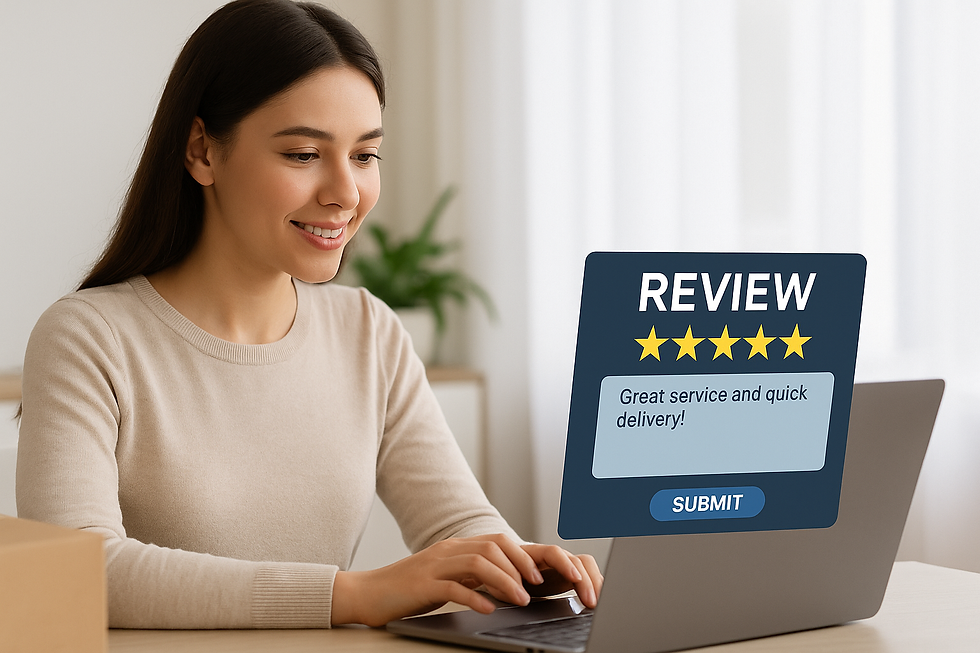 Customer leaving a positive review on laptop after purchase