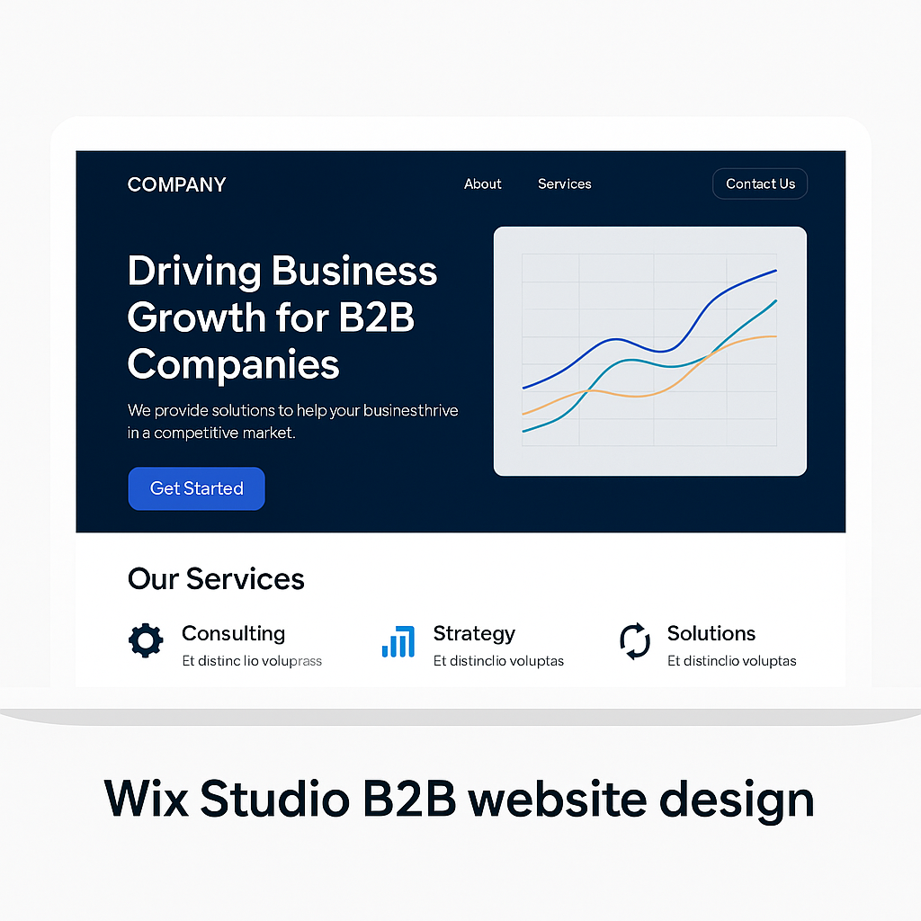 Wix Studio B2B website design mockup with services and performance growth chart
