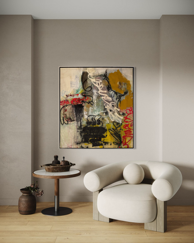 VISIONS Art 53x 48.5 a large painting hangs on a wall above a chair
