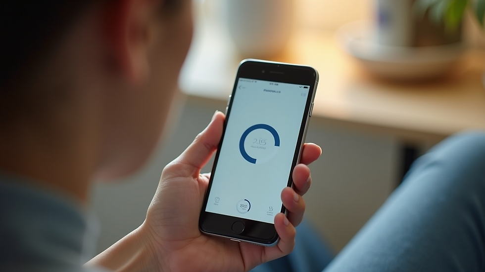 Eye-level view of a smartphone displaying a hearing aid control app