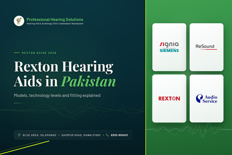 Rexton hearing aid price in Pakistan guide showing Rexton BTE models at PHS Islamabad