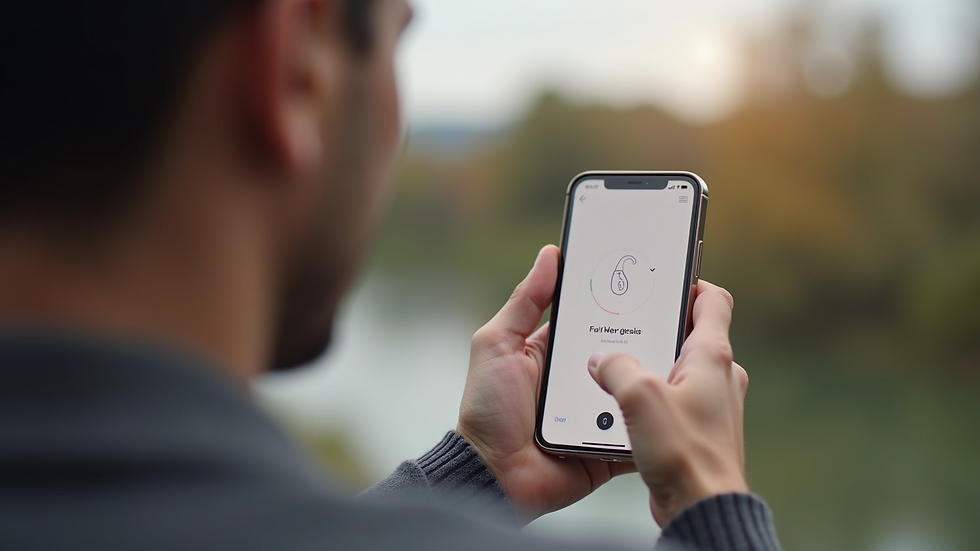 Eye-level view of a smartphone displaying hearing aid app