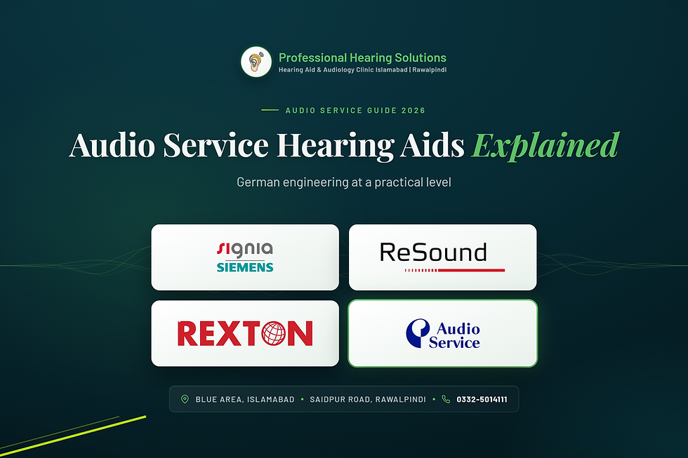 Audio Service hearing aids Pakistan guide to Volta, Mood and Quix models at PHS Islamabad