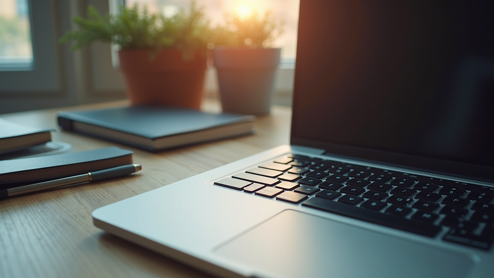 Close-up view of a digital workspace with a laptop and creative tools