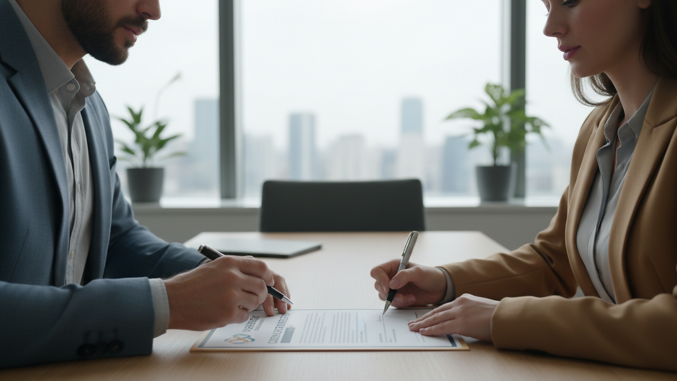 Close-up view of a business contract being signed between a consultancy and a client