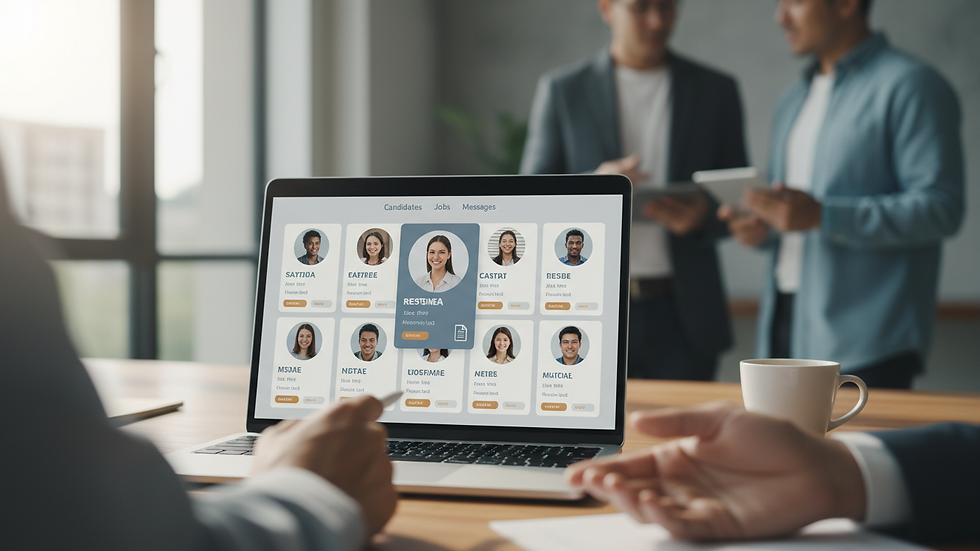 Close-up view of a laptop screen showing a digital staffing platform interface with candidate profiles