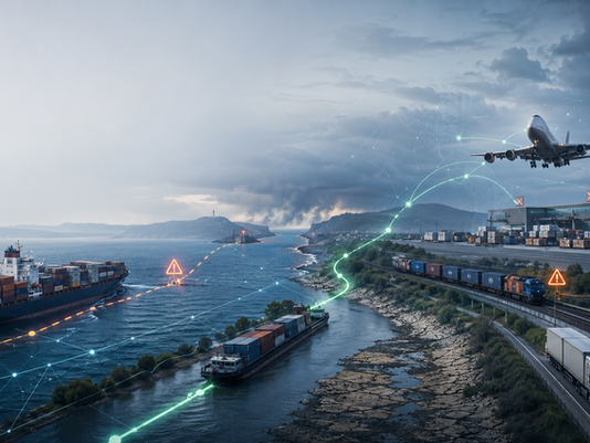 Global supply chain network with cargo ship, freight train, airplane, truck and inland barge showing disrupted and alternative logistics routes.