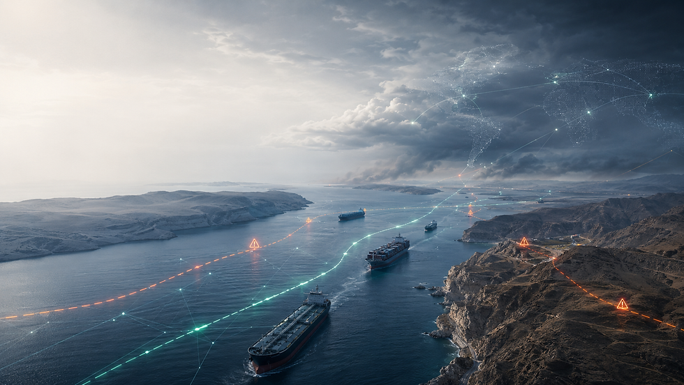 Cargo ships and oil tankers passing through the Strait of Hormuz with digital trade routes and supply chain risk indicators.