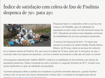 Índice de satisfação com coleta de lixo de Paulínia despenca de 70% para 29%