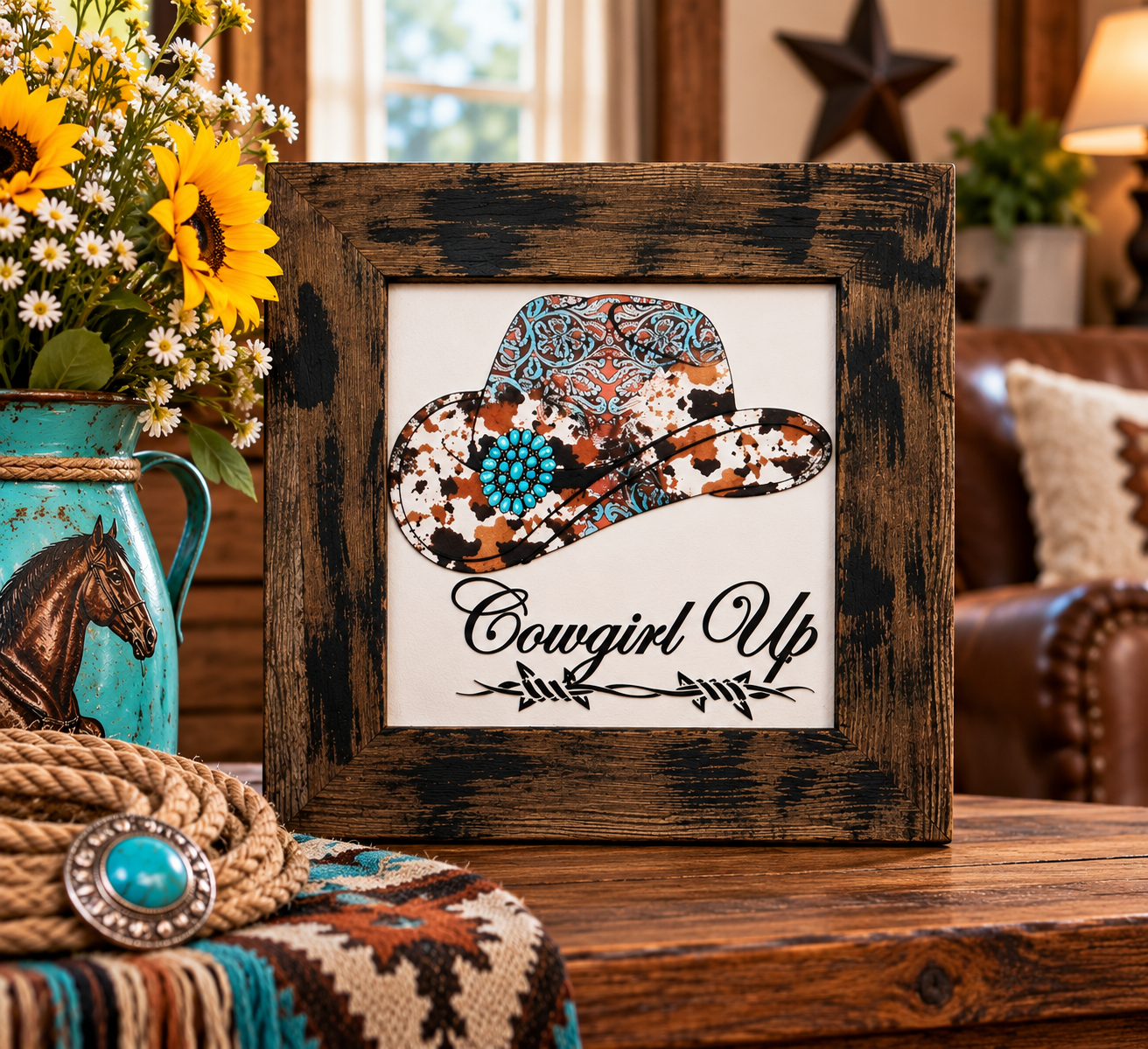 Cowgirl Up wall art with patterned cowboy hat and turquoise accents displayed in a rustic western home.