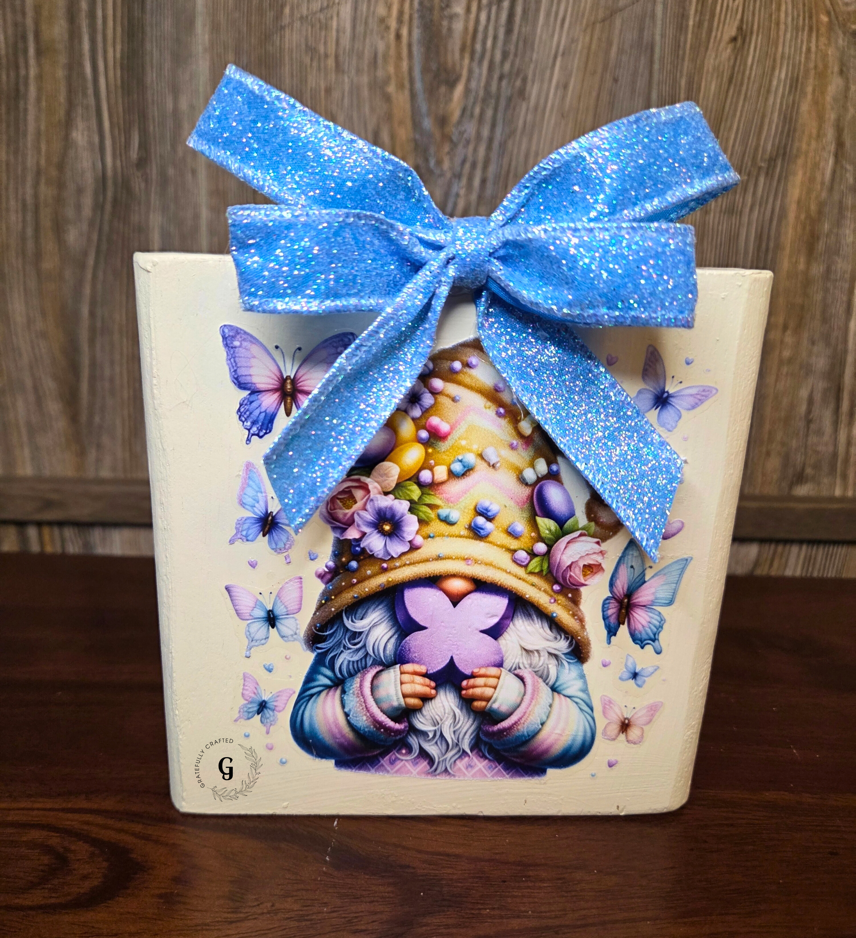 Summer Gnome with Purple Flower and Butterflies