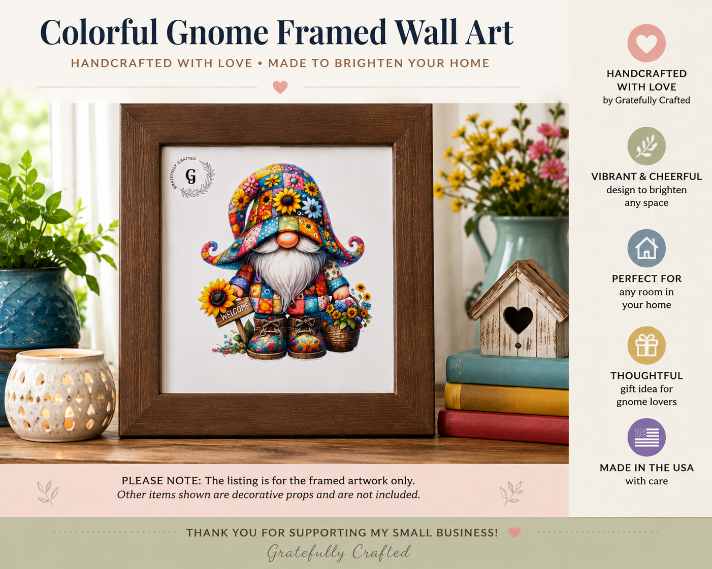 Colorful Gnome Welcome Framed Wall Art | Sunflower Gnome Home Decor 🌻🏡💛