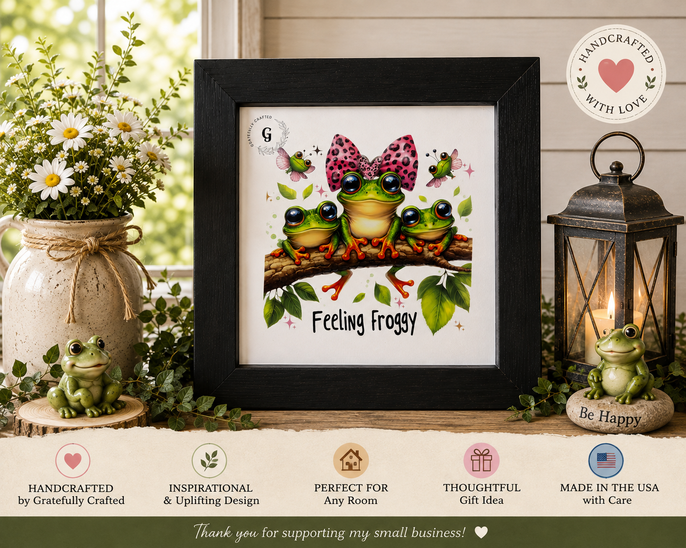 Feeling Froggy Framed Wall Art | Cute Frog Handmade Home Decor 🐸💗