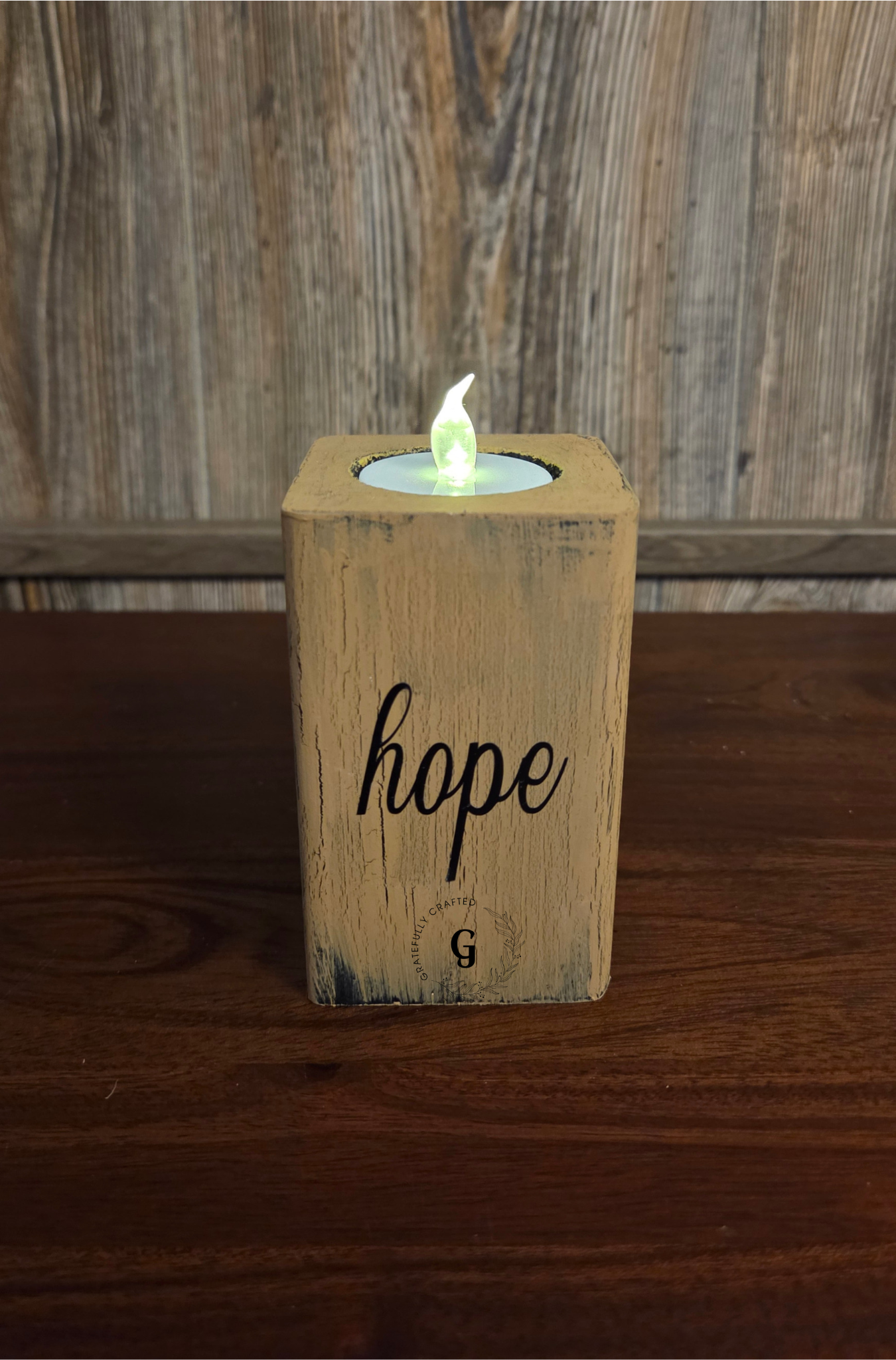 Hope Wooden LED Candle – Rustic Flameless Decor
