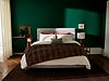 Stilvolles Schlafzimmer mit Bett und karierter Decke