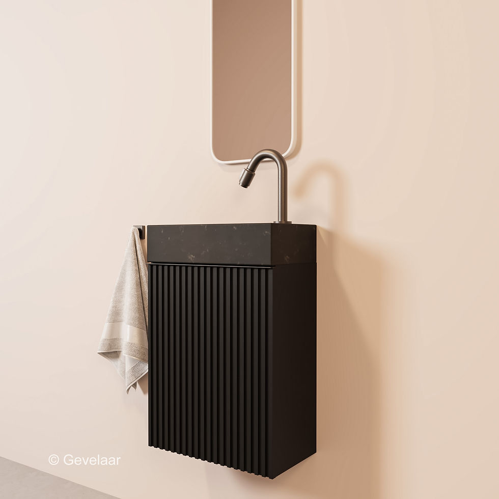 Thumbnail: Tanaro freshstone fonteinset kast zwart wasbak links hardsteen gunmetal