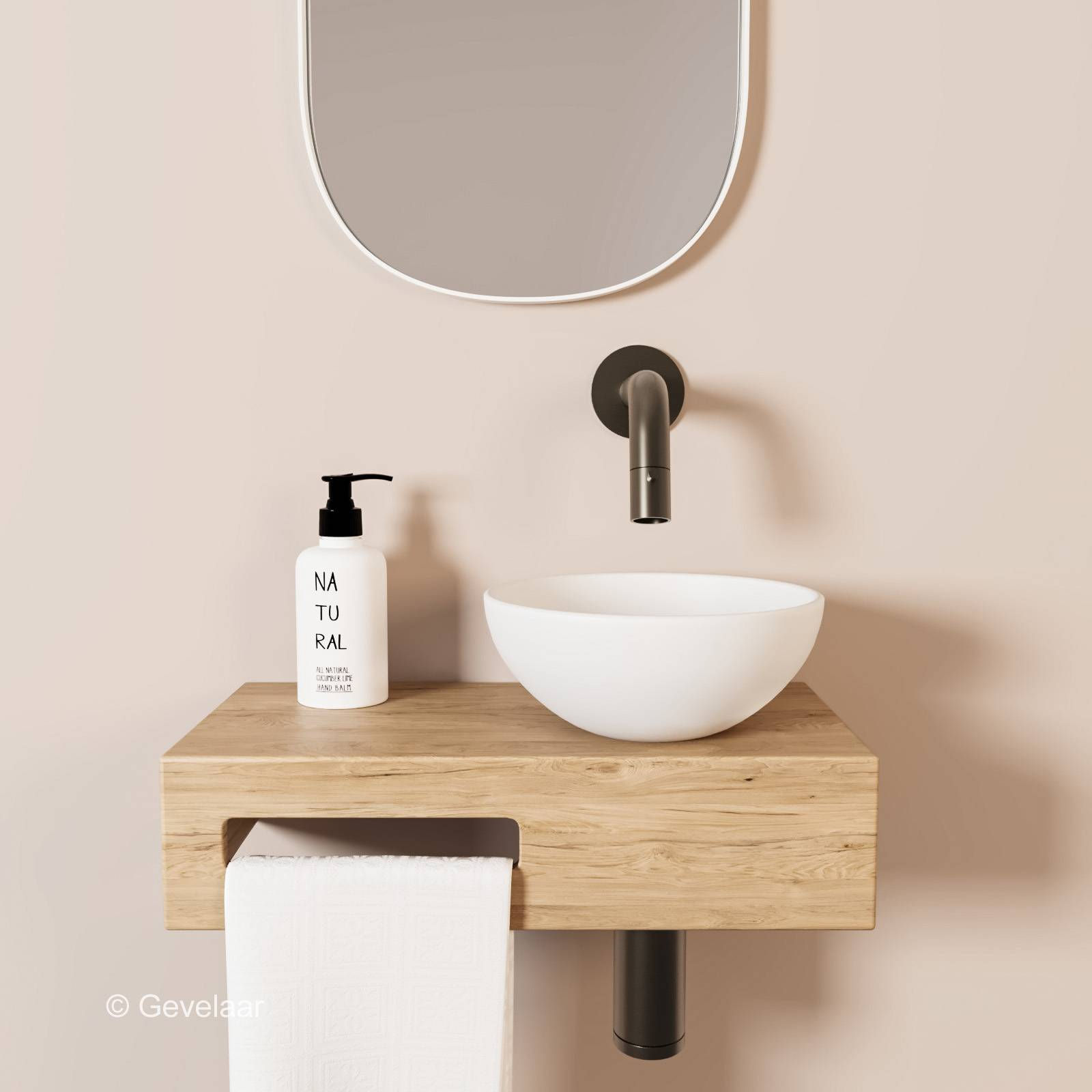 Tanaro Oasis fonteinset eikenhout inbouwkraan gunmetal waskom mat wit rechts