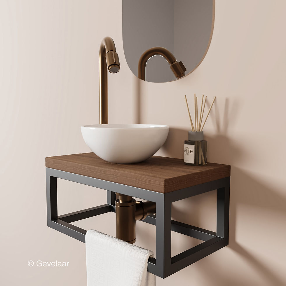 Tanaro Esbow fonteinset waskom glans wit - plank noten - kraanset brons koper