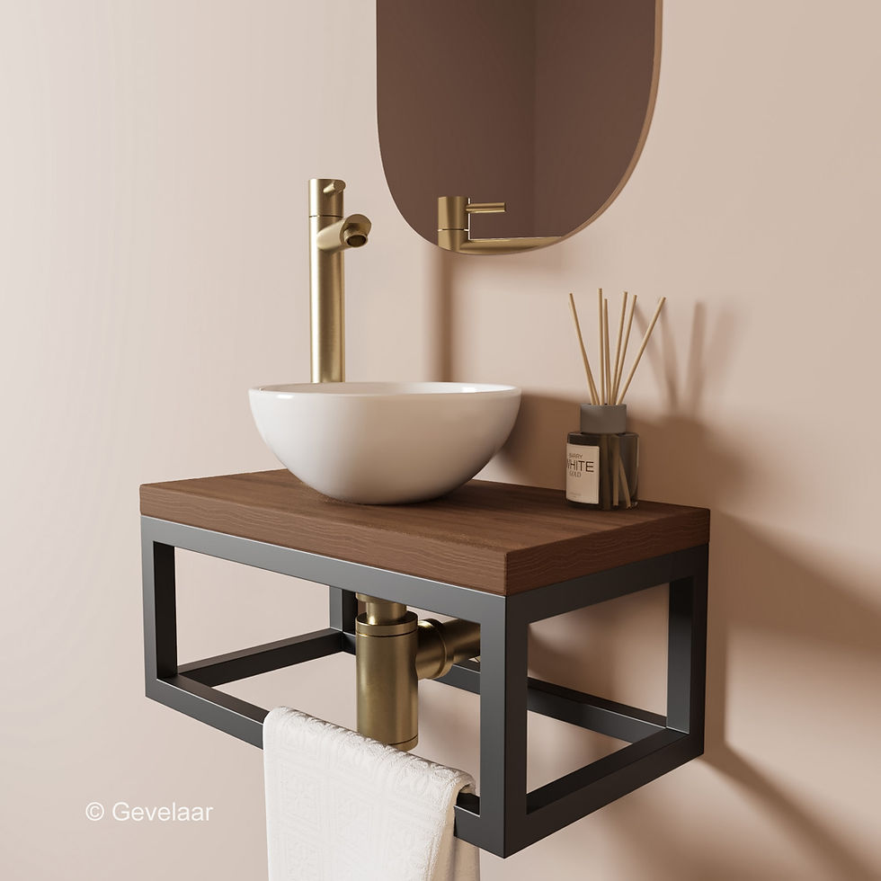 Tanaro Esmay fonteinset waskom glans wit - plank noten - kraanset geb. goud