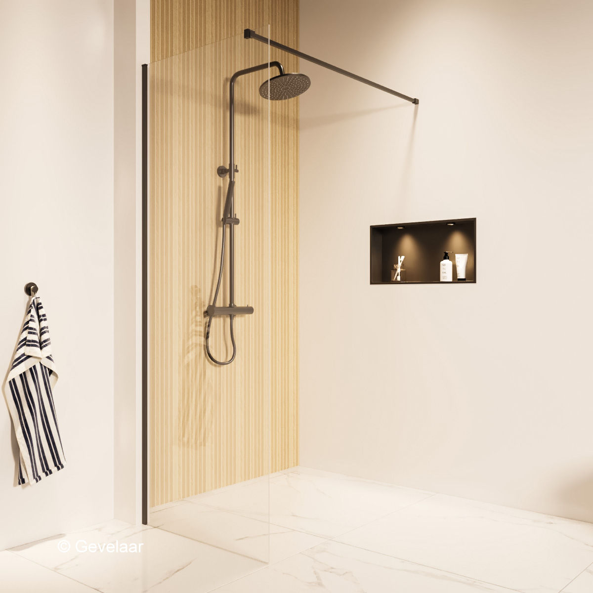 Thundra inloopdouche helder incl. glasbehandeling 75x200 cm. Mat Zwart