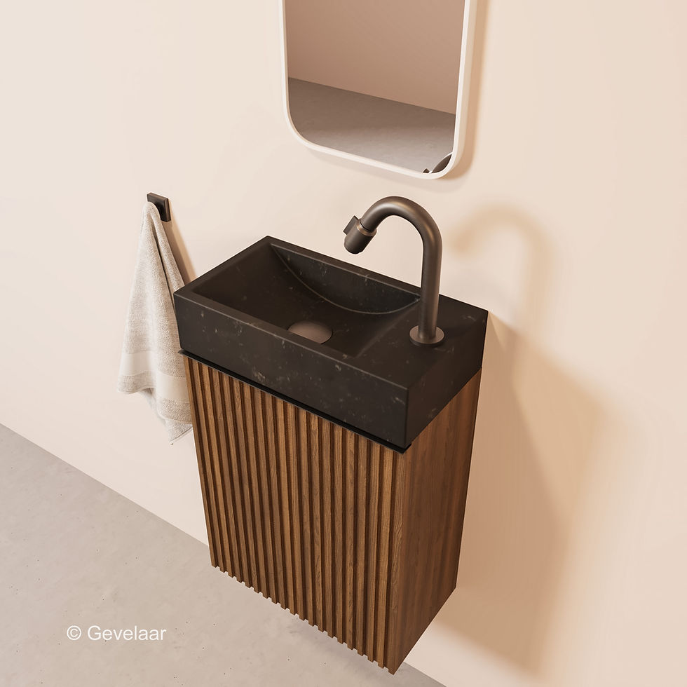 Tanaro freshstone fonteinset kast noten wasbak hardsteen rechts gunmetal