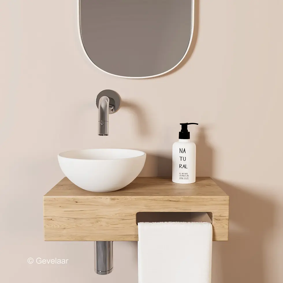 Tanaro Oasis fonteinset eikenhout inbouwkraan chroom waskom mat wit links